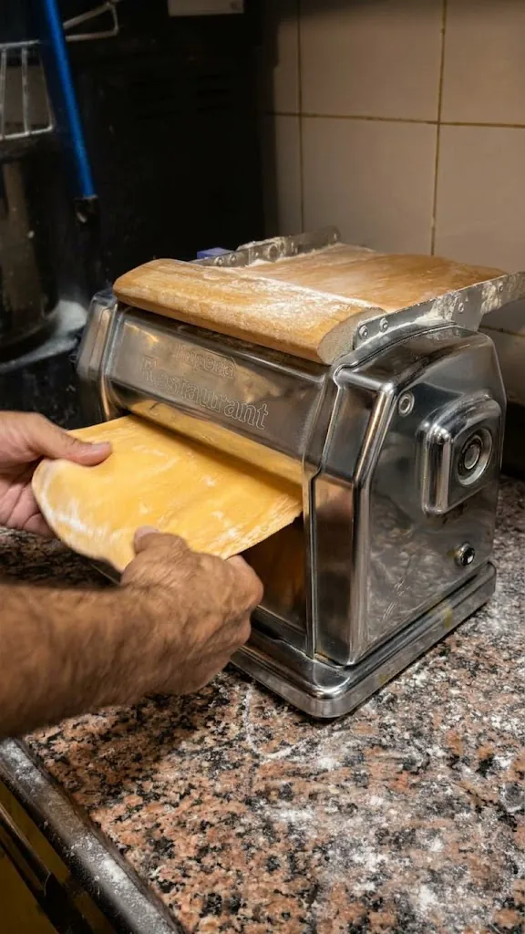 Manos pasando una lámina de masa amarilla por la máquina de pasta